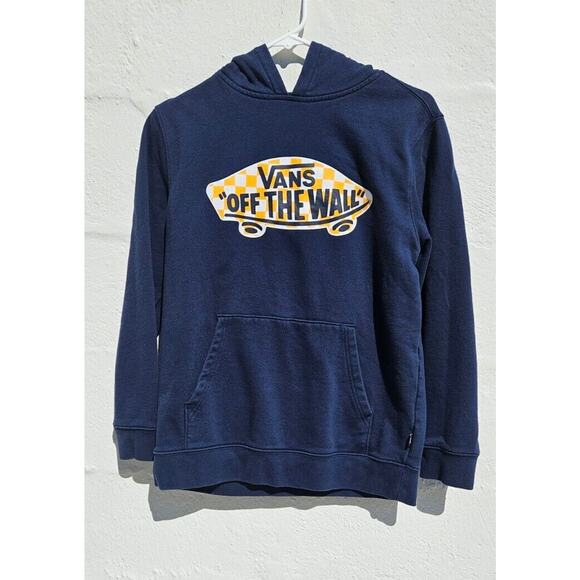 Vans Boys Hoodie Large Navy Blue Off The Wall Logo Pullover Sweatshirt Checker - Picture 1 of 8